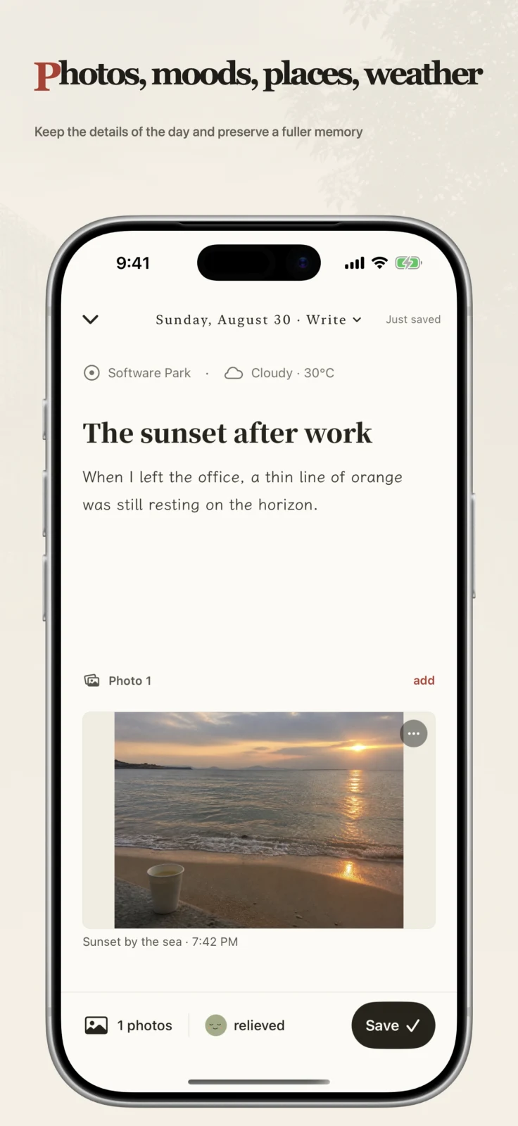 Write freely with photos, mood, place and weather